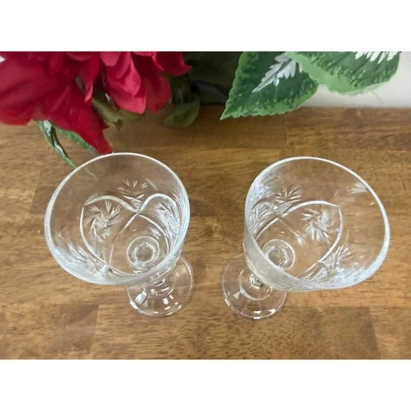 Vintage Bohemia Crystal Pinwheel Cut Cordial Glasses Etched Stemware Pair - Picture 4 of 8